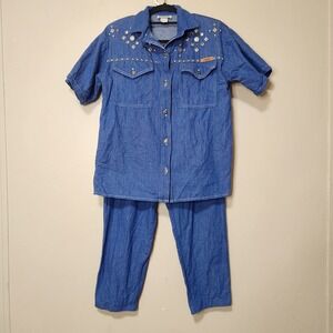 Vintage Dreams Womens Blue Snap Front‎ Embellished Denim Jumpsuit Size Medium